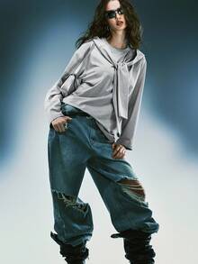 Airlisse Women's Grey Hooded 2 In 1 Long Sleeve T-Shirt - Grey - View 7