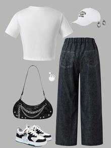 SHEIN Sparklyn 女童休闲时尚针织印花短款T恤，搭配梭织印花长裤。T恤和裤子上的印花图案相得益彰。宽松舒适的版型，适合夏季日常通勤、户外活动、聚会和拍照。 - 彩色 - 查看 2