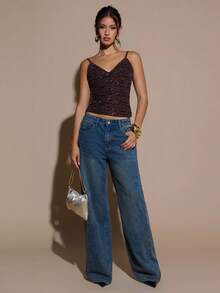 SHEIN BAE 女士棕色咖啡色修身时尚性感网纱手工串珠吊带背心，适合万圣节、圣诞节、感恩节、新年、派对等场合，亮片上衣，闪亮上衣 - 咖啡棕 - 查看 3