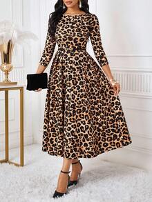 SHEIN Lady 女式豹纹七分袖褶皱优雅连衣裙 - 彩色 - 查看 6