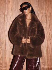 KIZN 奢华毛绒人造毛皮冬季大衣超大领长袖柔软保暖外套晚会节日派对个性单品迷人时尚 - 卡其色 - 查看 1