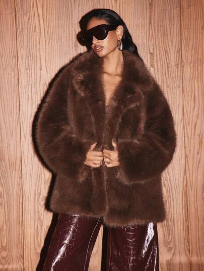 KIZN Luxurious Plush Faux Fur Winter Coat Oversized Collar Long Sleeve Soft Warm Outerwear Evening Occasion Holiday Party Statement Piece Glamorous Fashion