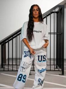 SAYEHFBABY 1pc Personality Print Drawstring Waist Street Casual Sweatpants - White - View 1