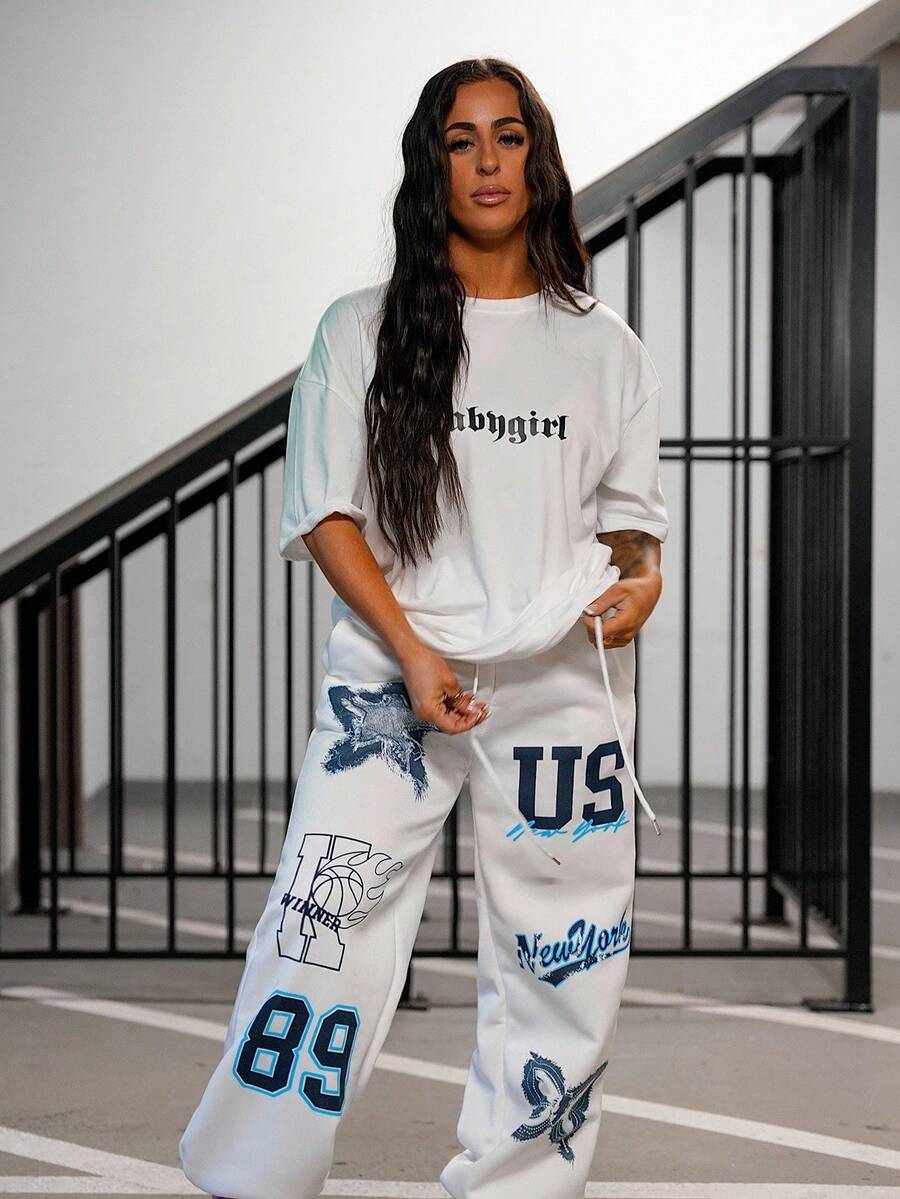 SAYEHFBABY 1pc Personality Print Drawstring Waist Street Casual Sweatpants - White - View 1