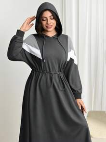 Modelyn Plus Size Color Block Hooded Waist Cinched Dress, Autumn/Winter - Grey - View 6
