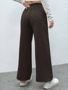 SHEIN PETITE Quần nỉ màu trơn buộc phía trước tối giản màu nâu cho nữ, mặc thường ngày - Cà phê nâu - Xem 2