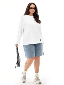 SHEIN EZwear 大码白色圆领长袖宽松休闲 T 恤