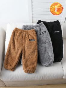 SHEIN Playful Pals 男童休闲羊毛保暖字母贴布翻边裤，秋冬 - 彩色 - 查看 3