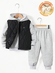 3 件套儿童柔软羊毛连帽衫和裤子套装，灰色和黑色，适合秋冬季休闲穿着、户外活动和雪天穿着 - 彩色 - 查看 3