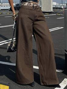 DAZY 女士时尚街头休闲拼接豹纹高腰宽松阔腿牛仔裤