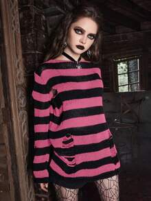 ROMWE Goth 女式条纹做旧圆领毛衣，秋冬 - 彩色 - 查看 4