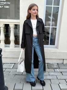 SHEIN Serisse Kids 青少年女孩编织休闲百搭时尚腰带翻领蝴蝶结口袋宽松长款风衣，休闲军装风格，通勤和户外，返校，母子装 - 黑色 - 查看 3