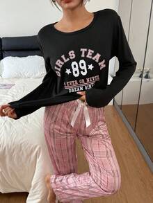 女士休闲字母印花格子睡衣套装，长袖上衣和裤子，秋冬服装 - 彩色 - 查看 5