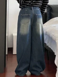 DAZY Vintage Loose Street-Style Washed Distressed Wide-Leg Women Jeans