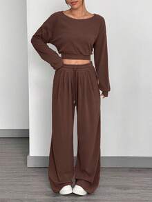SHEIN EZwear 女士纯色斜肩长袖短款卫衣和抽绳腰阔腿裤休闲套装，秋季 - 巧克力棕 - 查看 6