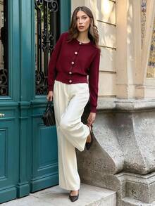 Pariaura 纯色针织开衫，金属纽扣，法式毛衣，春秋 - 酒紅色 - 查看 7