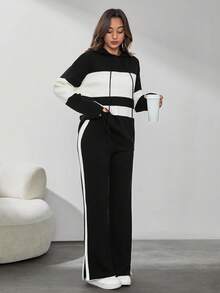 SHEIN Tall Two Tone Drop Shoulder Drawstring Hooded Sweater & Split Hem Knit Pants - Black - View 5