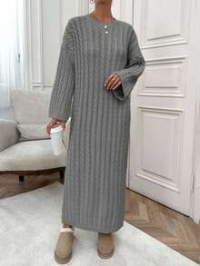 EURMUSE 女士麻花针织长款毛衣裙 - 灰色 - 查看 7