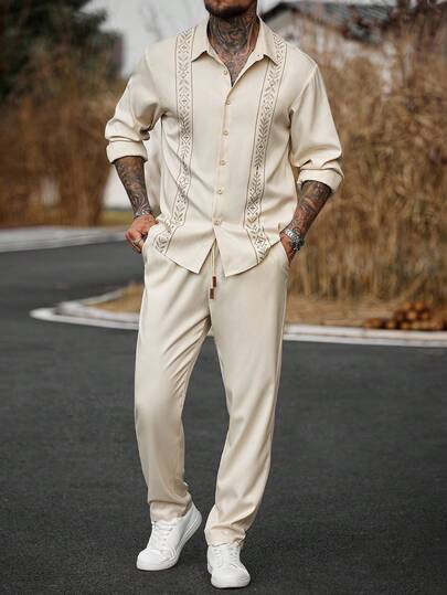 Manfinity Homme 男士印花长袖衬衫领夹克和裤子套装，适合正式或休闲场合，带有独特的腰带，休闲、度假、餐饮、简约办公、休闲家居百搭风格，是送给男朋友或丈夫的最佳礼物，秋季服装