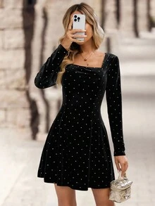 EMERY ROSE Đầm ngắn cổ vuông họa tiết chấm bi thanh lịch dành cho nữ, dài tay - màu đen - Xem 5