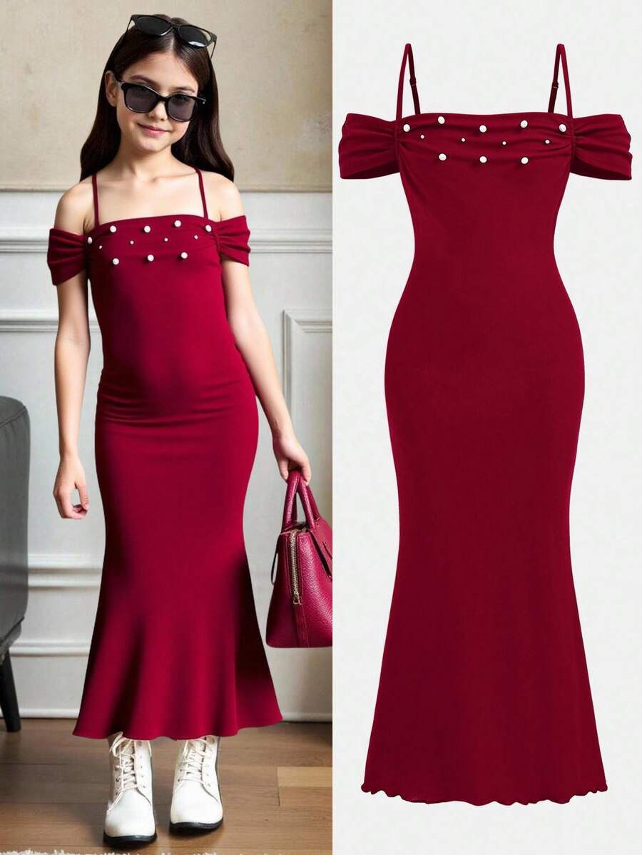 SHEIN 青少年女孩优雅串珠露肩细肩带合身褶饰美人鱼长款派对连衣裙，儿童正式连衣裙，红色圣诞/万圣节连衣裙 - 酒紅色 - 查看 1