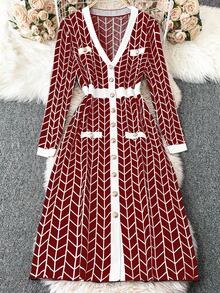 DreamSkyne 女式黑色针织 V 领几何提花撞色饰边口袋中长修身优雅厚实弹力开衫，适合万圣节、新年、情人节、感恩节、圣诞节、复活节、庆典、除夕 - 彩色 - 查看 1