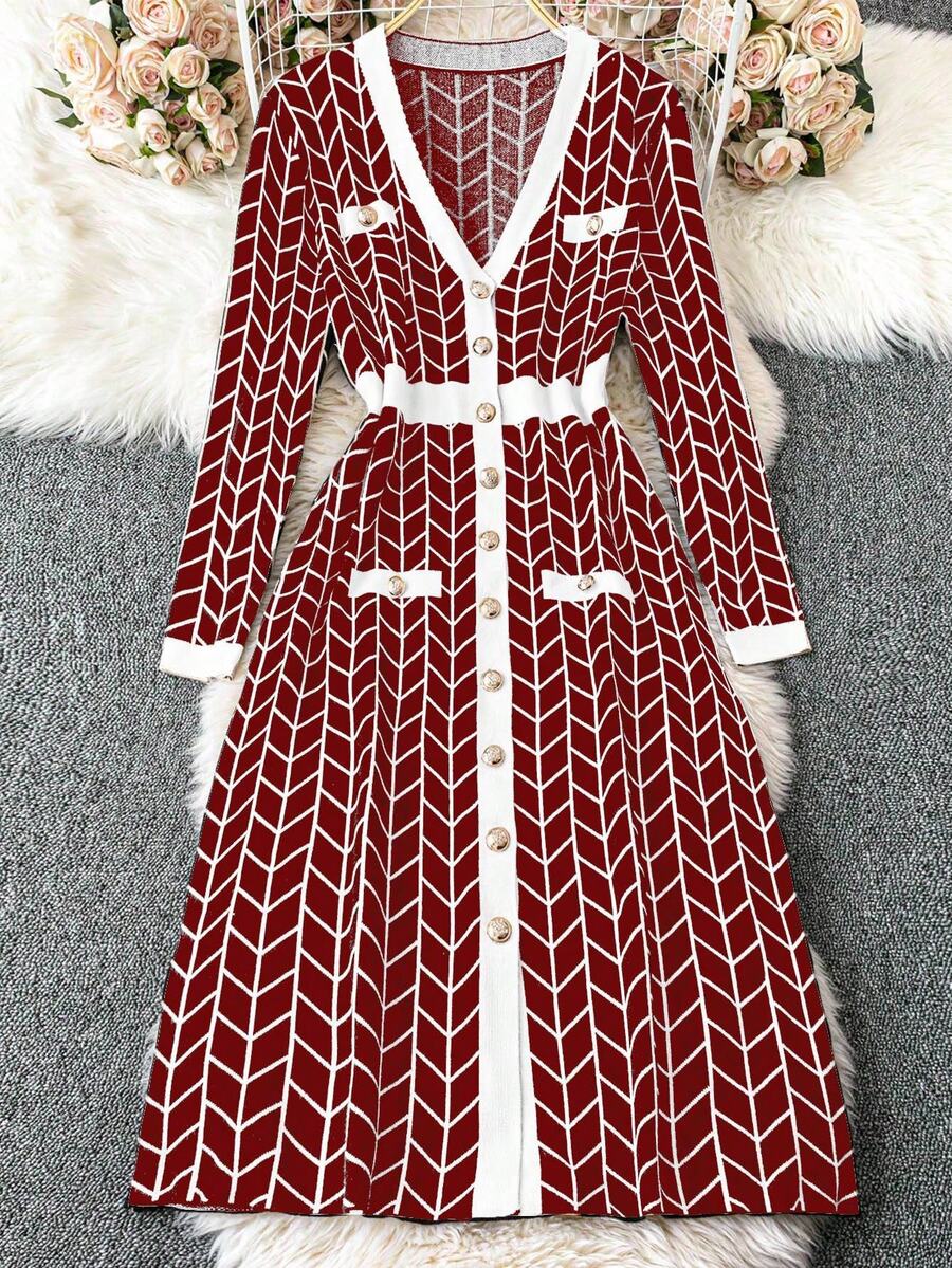 DreamSkyne 女式黑色针织 V 领几何提花撞色饰边口袋中长修身优雅厚实弹力开衫，适合万圣节、新年、情人节、感恩节、圣诞节、复活节、庆典、除夕 - 彩色 - 查看 1