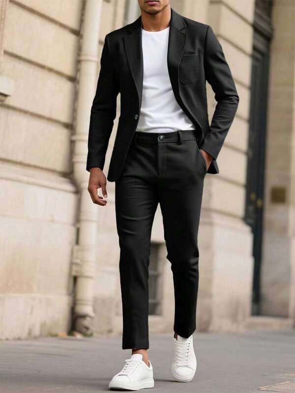 Manfinity Mode 's Suit Set Modern Slim Fit Blazer With Lapels And Ankle-Length Trousers. Perfect For Business And Smart Casual Wear. Men Black Suit Set Men Casual Suit Men S Casual Suits Slim Fit Men Black Dress Pants Men Elegant Outfit