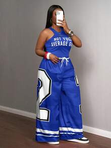 Slaydiva 2025 New Summer Casual Screenshots Sexy Sports Style Ball Suit Round Neck I-Shaped Vest Slogan Logo White Letter Print Truncated Red Vest + Wide-Leg Pants Trousers 23 Numbers Red Camouflage Striped Pr Club Two Piece Set 2 Piece Pants Sets Football Outfit Women Chill 2 Piece Set Club Outfits 2 Piece - Blue - View 12