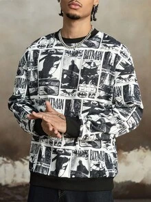 BATMAN X SHEIN 男士休闲时尚街头拼接印花落肩宽松套头卫衣，春秋季长袖上衣 - 黑色 - 查看 4