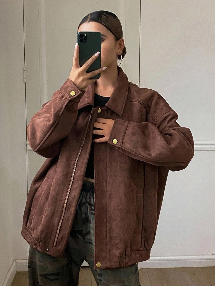 Women's Lapel Faux Suede Loose Casual City Jacket