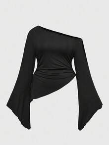 ROMWE Plus Size Women Elegant Solid Color Asymmetrical Collar Flare Sleeve Ruched Fitted Blouse, Spring/Autumn - Black - View 1