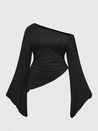 Blusa ajustada con volantes, cuello asimétrico y mangas acampanadas, de unicolor y elegante, para mujer de talla grande, para primavera/otoño