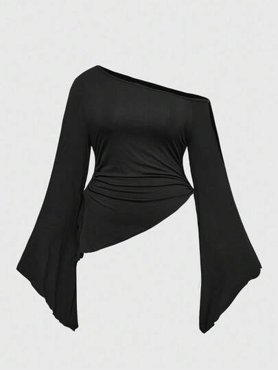 Blusa ajustada con volantes, cuello asimétrico y mangas acampanadas, de unicolor y elegante, para mujer de talla grande, para primavera/otoño