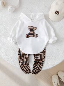 SHEIN Baby Mädchen süßes lässiges Set aus Langarm T-Shirt mit Cartoon Muster und karierter Hose