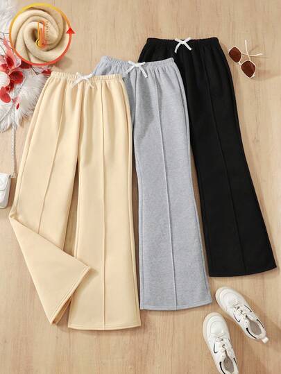 SHEIN 3 件套青少年女孩喇叭形羊毛运动裤，卡其色、灰色、黑色，简约设计