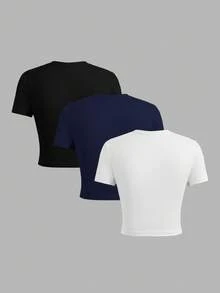 SHEIN EZwear 3 件套休闲简约黑、蓝、白图案圆领短袖短款紧身 T 恤女款，适合夏季外出 - 彩色 - 查看 7