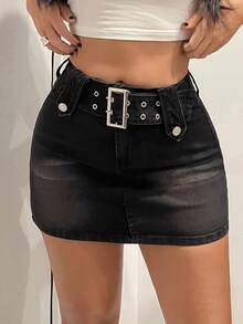 Jeanoix 女式孔眼腰带牛仔裙 - 黑色 - 查看 1