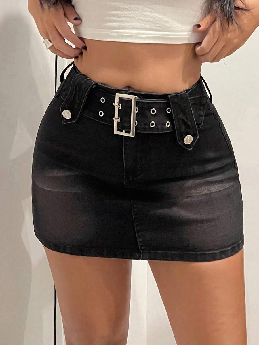 Jeanoix 女式孔眼腰带牛仔裙 - 黑色 - 查看 1