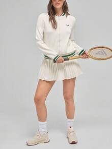 Menodora SHEIN Sport 女式休闲字母条纹插肩袖棒球领夹克，秋季 - 杏色 - 查看 4