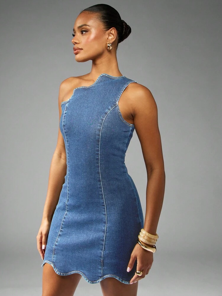 MISSGUIDED Abito mini in denim monospalla con orlo a balze, aderente, da indossare per feste estive e serate, senza maniche, design di e alla moda