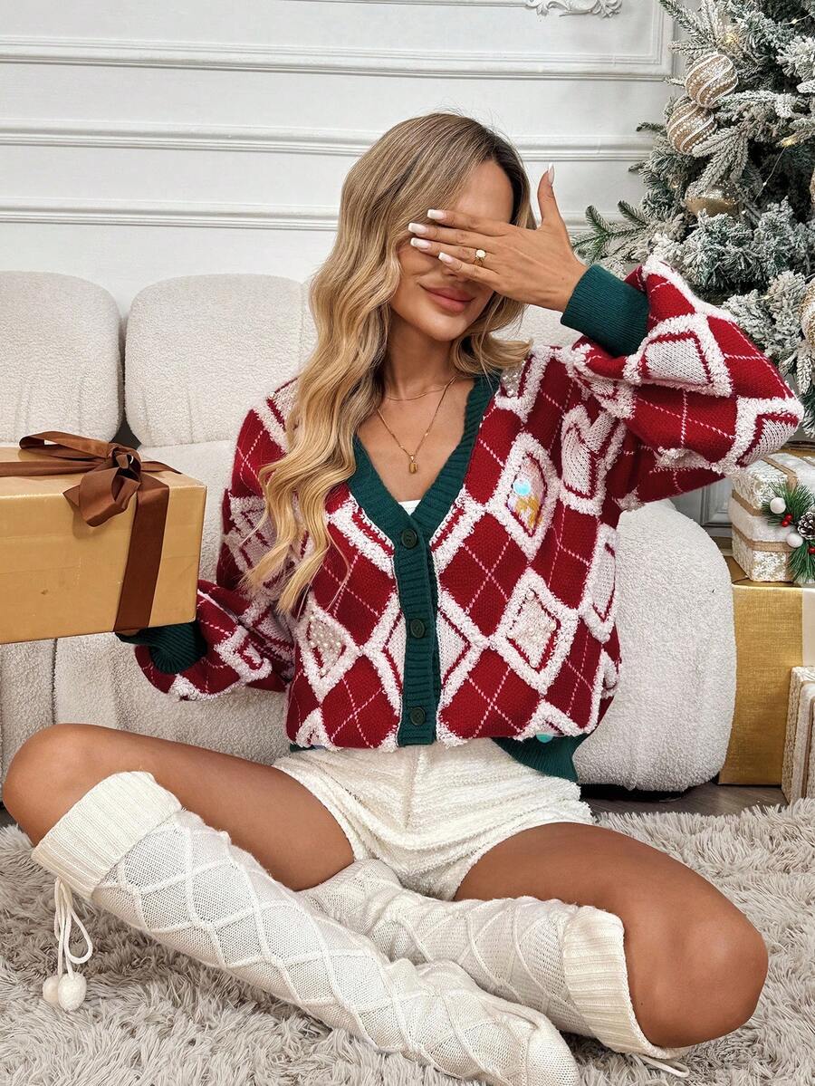 SHEIN LUNE Women's Red And White Knitted Cardigan Sweater,Autumn Holiday Christmas Sequin Top,Cute Pre Diamond Pattern Towel Embroidered Beaded Button Jumper - Red - View 1