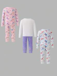 Set de 3 piezas de pijama de niña con camiseta de manga larga y pantalones con estampado de unicornio de dibujos animados