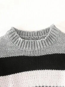 SHEIN Tween Girls 灰色条纹落肩超短款 Y2K Grunge 毛衣，适合日常穿着、休闲场合秋冬服装 FoGirlen - 灰色 - 查看 3
