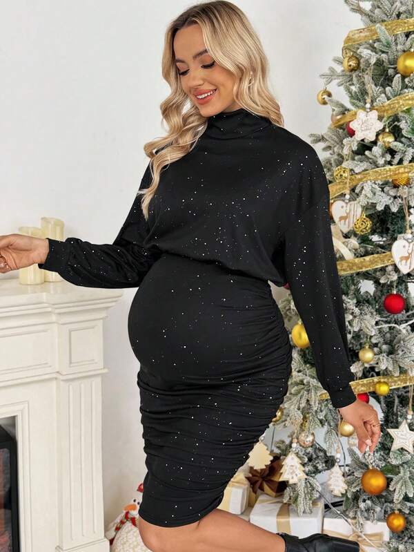 SHEIN Sukienka ciążowa z wysokim dekoltem, opadającymi ramionami i długim rękawem, marszczona, dopasowana, elegancka