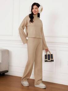 SHEIN 青少年女孩卡其色纯色休闲复古优雅宽松圆领落肩上衣和阔腿裤针织套装两件套，适合秋冬季，返校季节，温暖的冬季套装，女孩套装 - 卡其色 - 查看 5