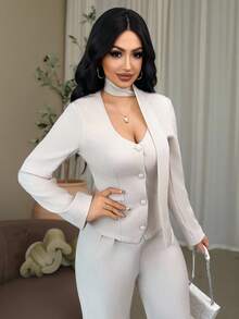 Chiquease 女士优雅通勤简约纯色 V 领单排扣夹克和直筒裤 2 件套 - 杏色 - 查看 6