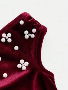 SHEIN Tween Girl Elegant Velvet Beaded Snug Fit Off-Shoulder Mermaid Dress, Wine Red, Suitable For Halloween, Christmas, Party Dark Red Dress Cherry Outfit Women Burgundy Dress Velvet Dress Red Dresses Classy Elegant - Burgundy - View 4