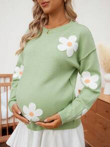 SHEIN Women Loose Fit Contrast Color Towel Embroidery Design Maternity Sweater, Long Sleeve Knitted Pullover For Autumn/Winter - Green - View 3