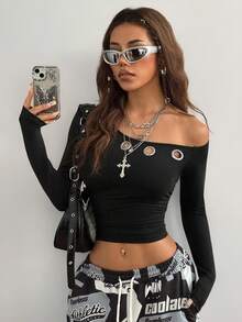 Coolane Women's Winter Streetwear Daily Wear Grunge Grommet Eyelet Essentials Knit Stretchy Comfy Asymmetrical Neck Ruched Black Long Sleeve Tops,Black Top - Black - View 2